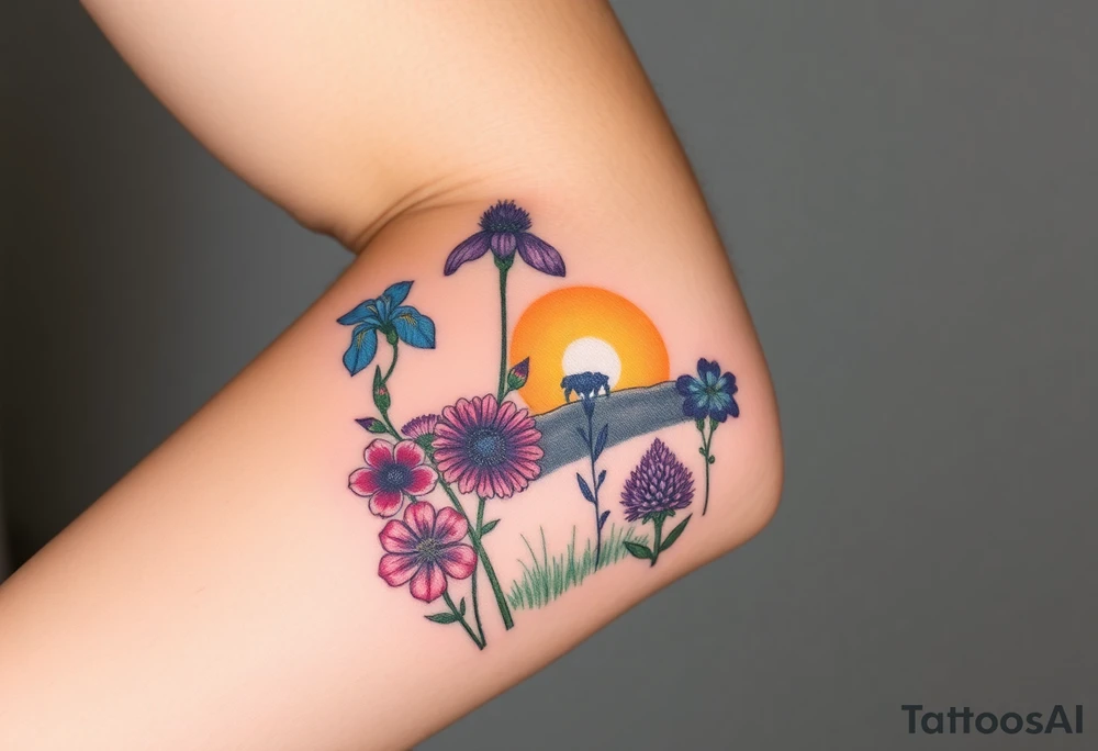 a bunch of cutleaf coneflower, blue flag iris, bee balm, obedient plant, purple coneflower on a hill with grass with a beautiful sunset and wildlife tattoo idea