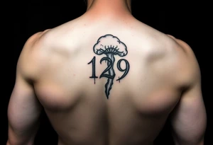 A 5x5cm squared forearm grunge tattoo with the number 129 and something like a fungus tattoo idea