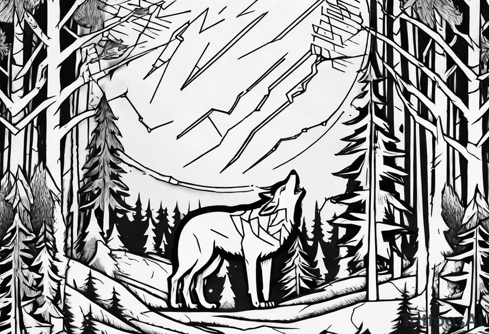 lightning over forest with wolf howling on drum tattoo idea lightning over forest with wolf howling on drum tattoo idea