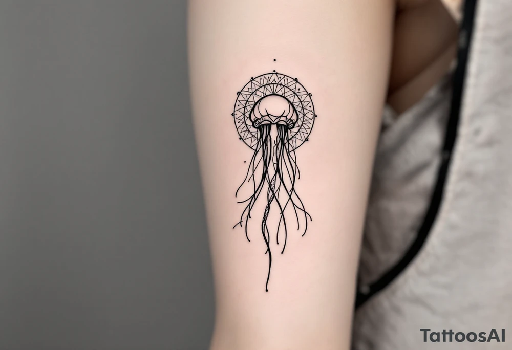 minimal fine-line tattoo, single jellyfish, sacred geometry surround, dotwork patterns, jellyfish bell dome, flowing tentacles, trailing streamers, geometric mandala, radiating dotwork, minimalist design, black grey lines, soft shading, no outlines, geometric frame, organic jellyfish form, upper arm shoulder placement, light airy feel, delicate linework, geometric backdrop, clean lines, radiating patterns, simple jellyfish centerpiece, minimalist, psychedelic tattoo idea