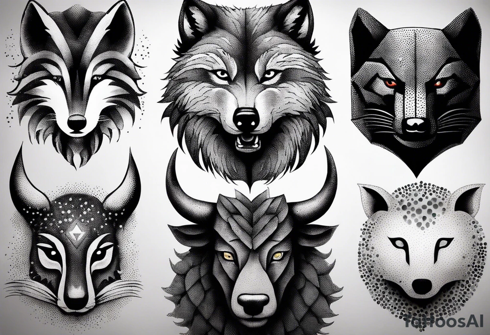 a super hero team which is combination of animals.
One is Badger/Wolverine, One is Bull, One is Wolf, One is Axolotl, One is Canary, One is Lizard, One is Cat tattoo idea