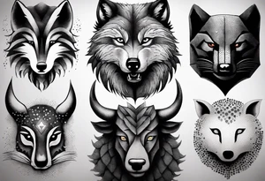 a super hero team which is combination of animals.
One is Badger/Wolverine, One is Bull, One is Wolf, One is Axolotl, One is Canary, One is Lizard, One is Cat tattoo idea