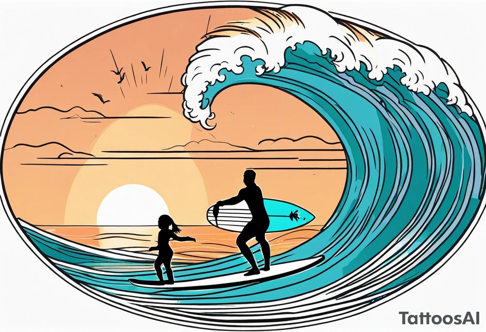 Single line tattoo depicting a father surfing with his two daughters. The daughters are sharing a surfboard with the father.  There is a sunset in the distance, with musical notes. tattoo idea