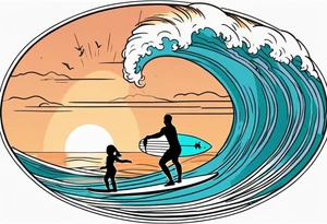 Single line tattoo depicting a father surfing with his two daughters. The daughters are sharing a surfboard with the father.  There is a sunset in the distance, with musical notes. tattoo idea