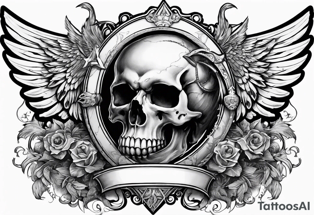 In the center is a half skull pierced by a large sword. On either side of the skull, there are spread angel wings, Beneath the skull is a ribbon tattoo idea