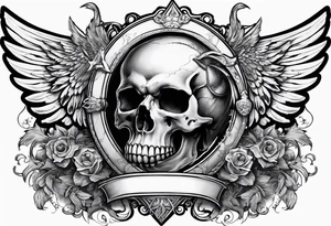 In the center is a half skull pierced by a large sword. On either side of the skull, there are spread angel wings, Beneath the skull is a ribbon tattoo idea