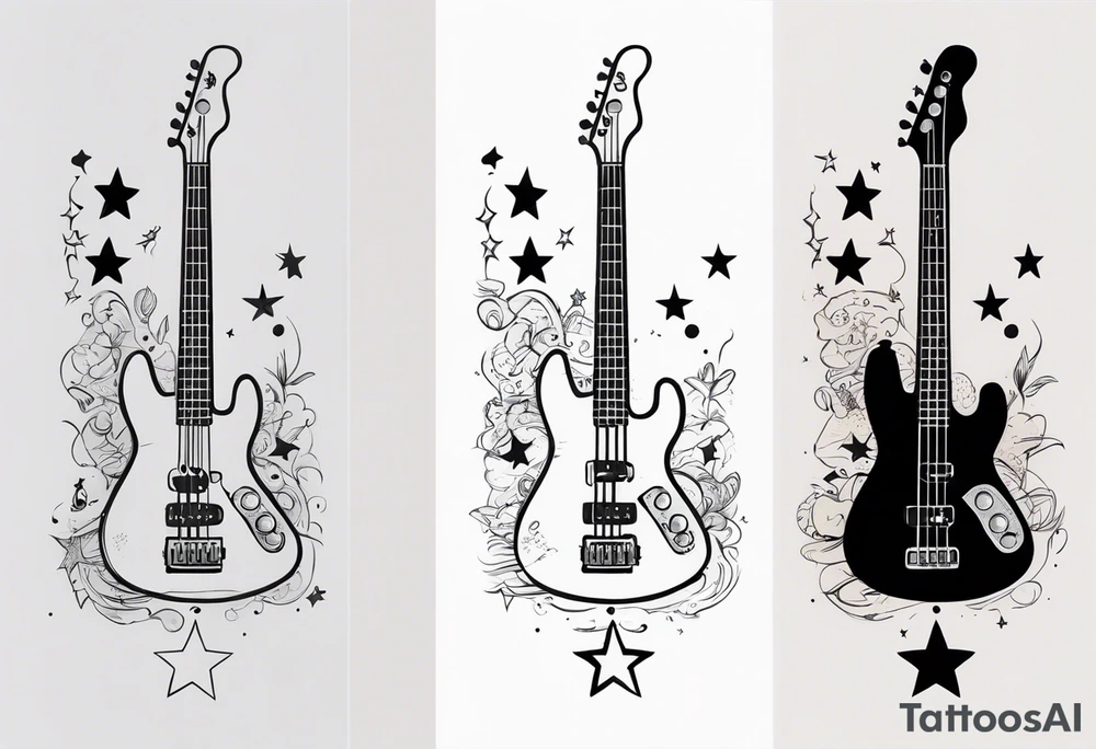 Tattoo full left arm with a collage of a bass guitar, mickey mouse symbol, a medicine caduceus, two stars tattoo idea