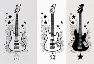 Tattoo full left arm with a collage of a bass guitar, mickey mouse symbol, a medicine caduceus, two stars tattoo idea