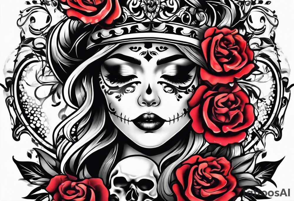 neck tattoo stencil about pain and struggle in new school or polka trash style with flowers and/or skulls tattoo idea