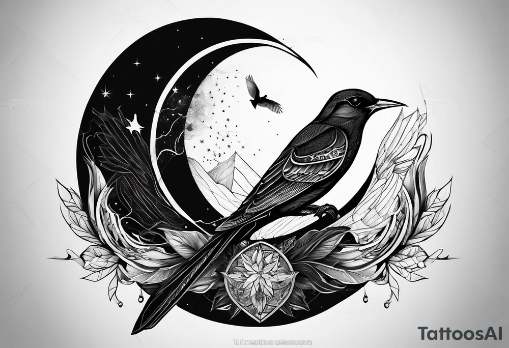 Linear composition, double triangle, unclosed delta, crescent moon, birds tattoo idea