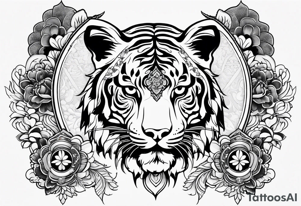 Japanese traditional style black and white Hamsa with tiger and crane tattoo idea