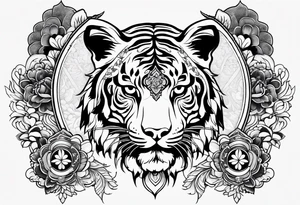 Japanese traditional style black and white Hamsa with tiger and crane tattoo idea