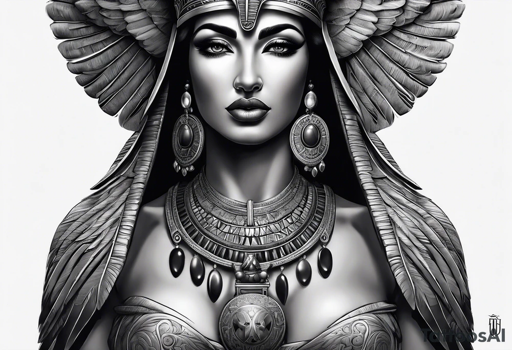 black and gray photo realistic goddess isis with minimal detail tattoo idea