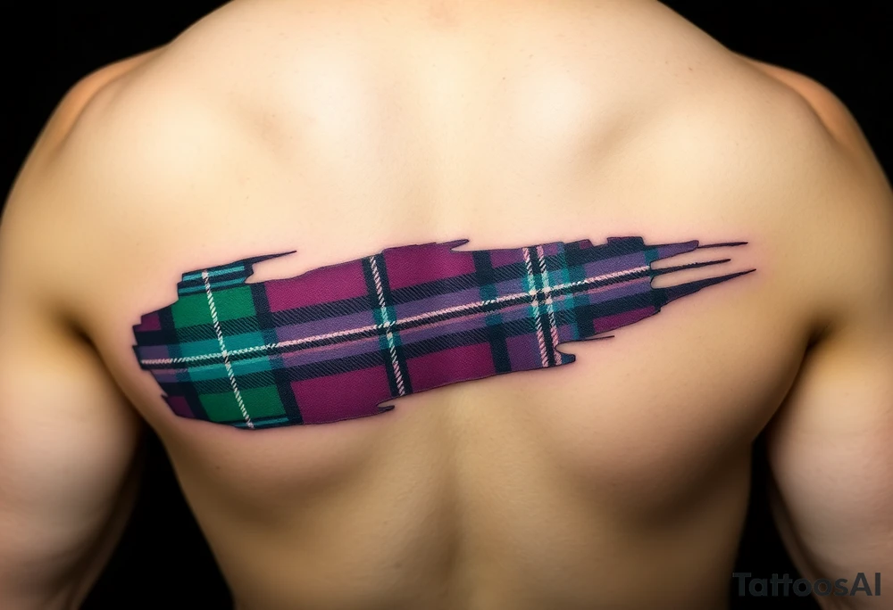 Side of arm Dark Purple with green pink blue and white highlights tartan fabric with skin peeling away at edges tattoo idea