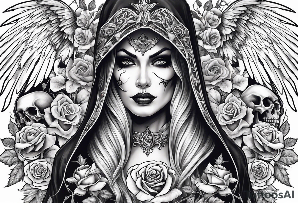 Lady death grim reaper with angel wings and skulls and roses tattoo idea