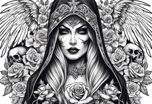 Lady death grim reaper with angel wings and skulls and roses tattoo idea
