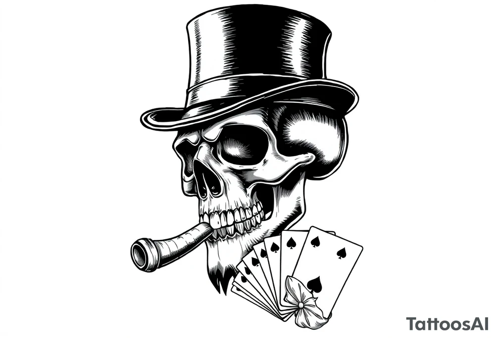 a skull with mustache, a big cigar in his mouth,top-hat on his head and playing cards in a hand. tattoo idea