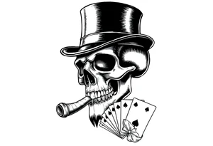 a skull with mustache, a big cigar in his mouth,top-hat on his head and playing cards in a hand. tattoo idea