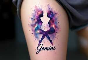 A galaxy-filled silhouette of twin figures, blending purples, blues, and glowing stardust effects and word "gemini" under it. tattoo idea