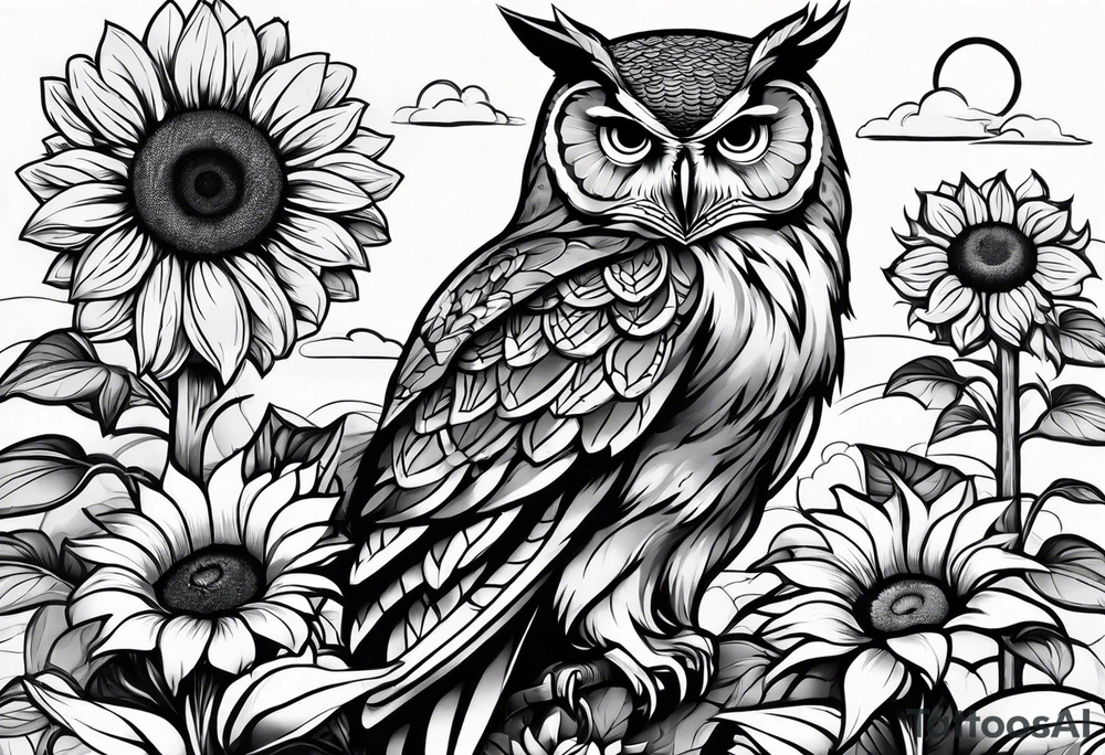 Arm sleeve with owl and sunflowers tattoo idea