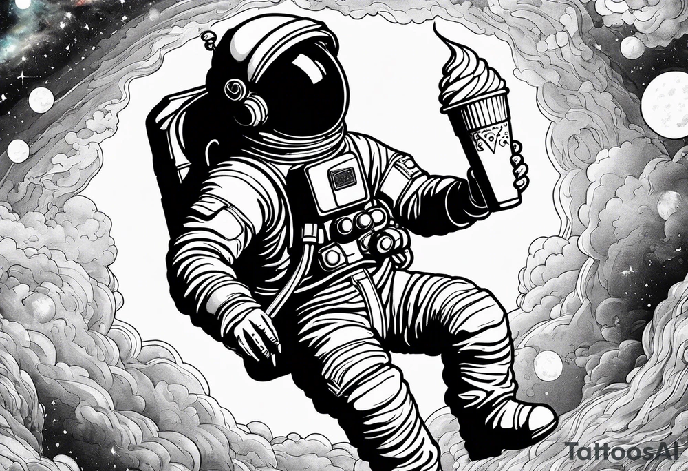 a picture of an astronaut eating an ice cream cone while floating in space showing the full body tattoo idea