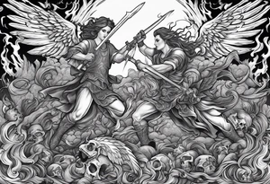 Angels fighting demons over fire with skuls in the background tattoo idea