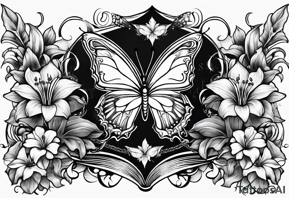 Children names stars lillies books Book fantasy butterflies halfsleeve forearm tattoo idea