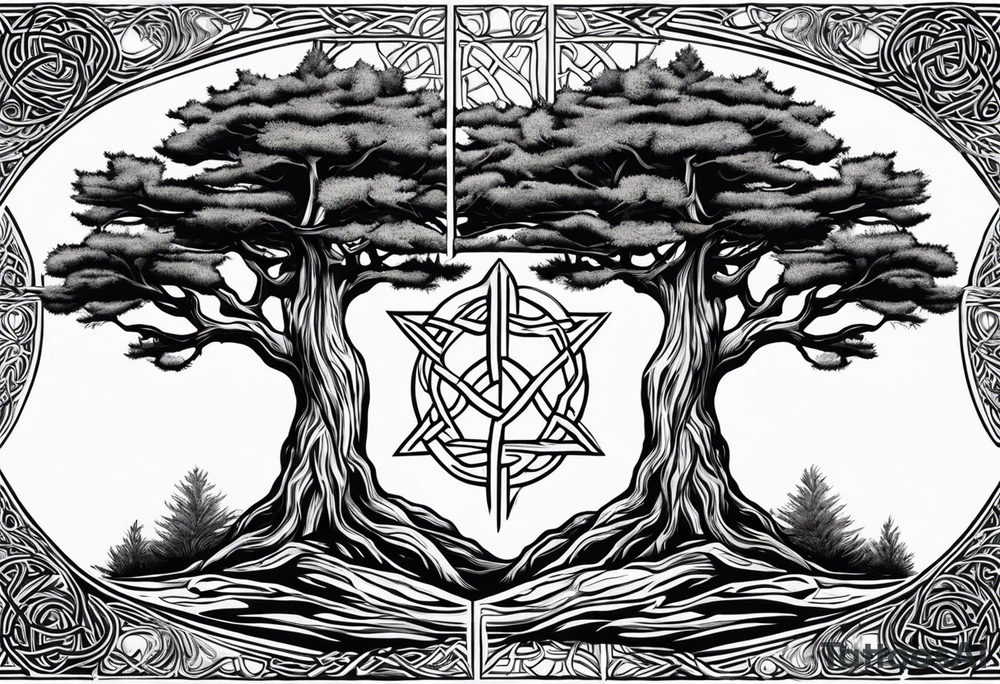 Pine tree and reflecting juniper tree on the oposite sides.  roots of both trees are entangeled in celtic trinity sign tattoo idea