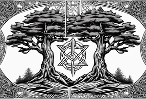 Pine tree and reflecting juniper tree on the oposite sides.  roots of both trees are entangeled in celtic trinity sign tattoo idea