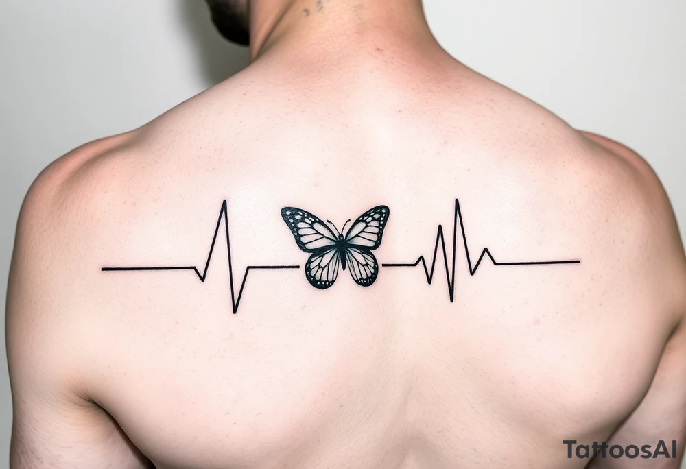 A forearm tattoo that is a heart beat and translations into the name “Kai” and have a small butterfly as the dot in the letter “i” tattoo idea
