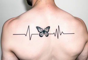 A forearm tattoo that is a heart beat and translations into the name “Kai” and have a small butterfly as the dot in the letter “i” tattoo idea
