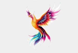 Phoenix rising with nonbinary flag colors blended in watercolor style, transparent background. tattoo idea