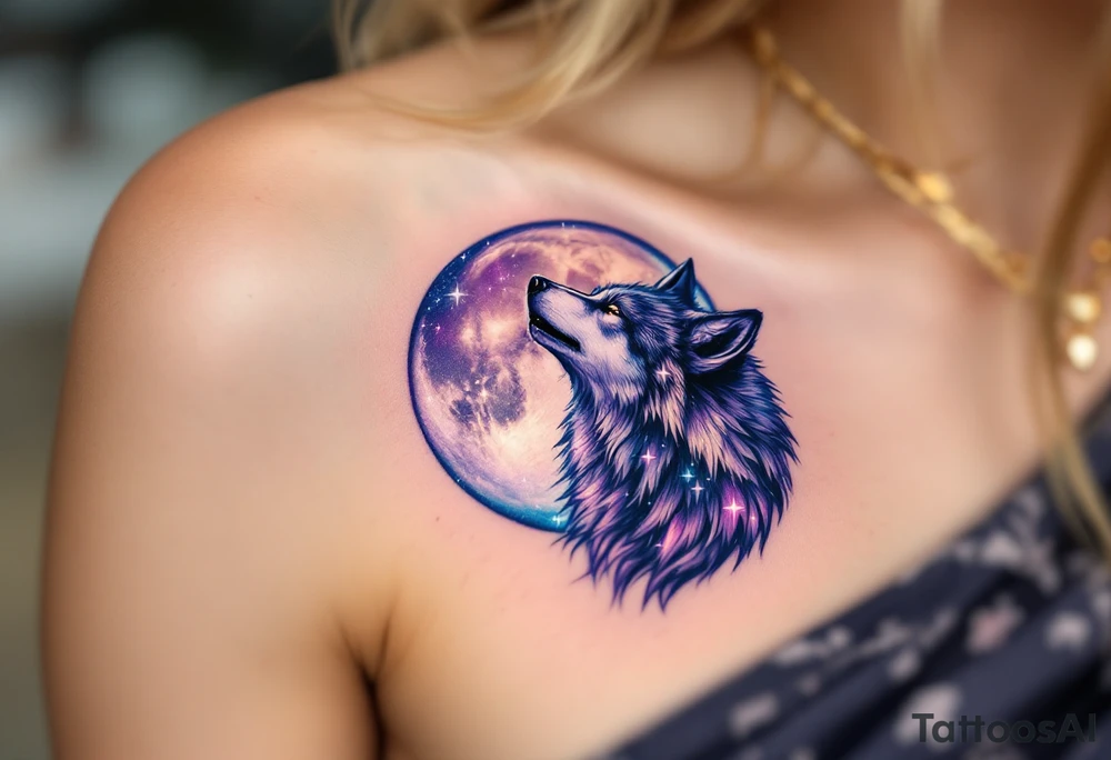 Howling wolf with the moon inside its body, moon filled with a galactic pattern of purple, indigo, and shimmering silver stars. tattoo idea