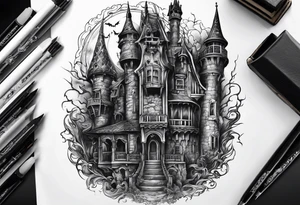 Scary rotting haunted castle portrait tattoo idea