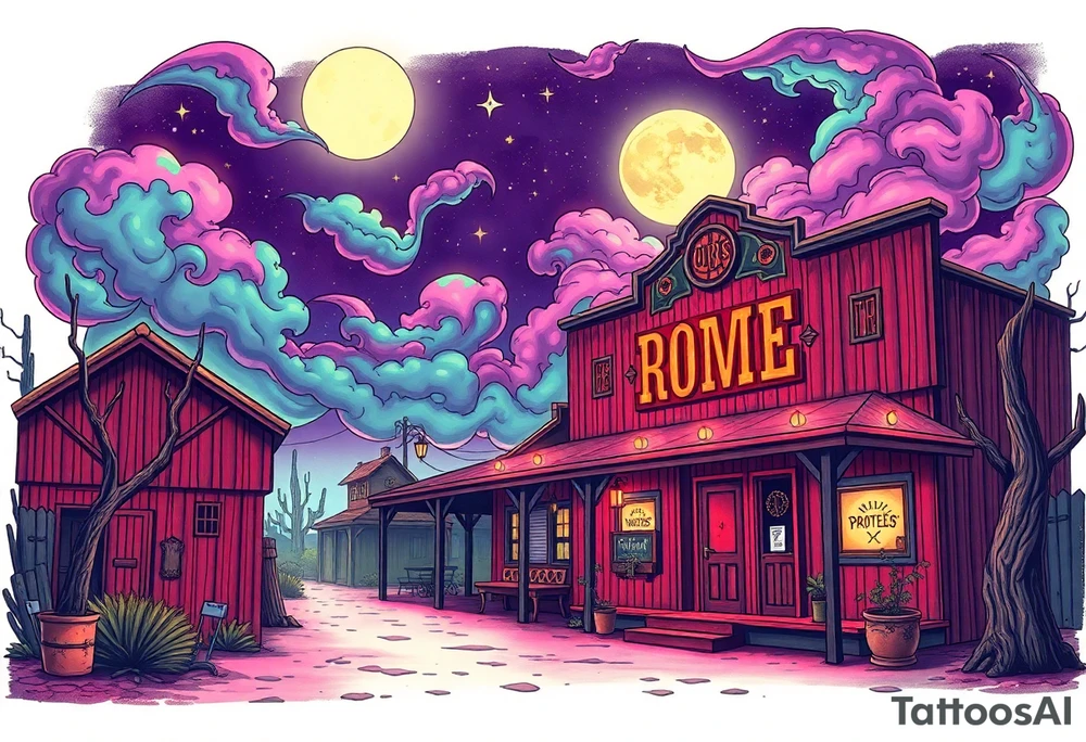 Tim Burton’s old western cowboy texas brothel r from outside view is the street abandoned and dripping with muted reds, dusty pinks, and eerie green glow purple and cyan smokey clouds swirl and dance in the moonlit night sky filled with twinkling stars  tattoo idea tattoo idea