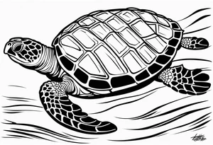 Hawksbill turtle swimming, side view, scuba diving tank attached to turtles back tattoo idea