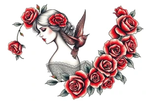 Vintage dollies, red roses, lace, red bird, vintage, wrap around, tighter together, no space open tattoo idea