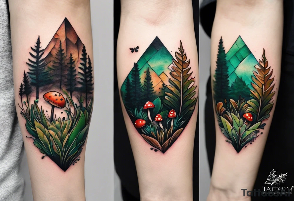 minimalistic forest floor inspired tattoo, which includes grass, moss, curly ferns and dead leaves as the bulk of the tattoo. details to include: forest berries, couple of very small brown mushrooms, a tiny bumblebee flying nearby tattoo idea