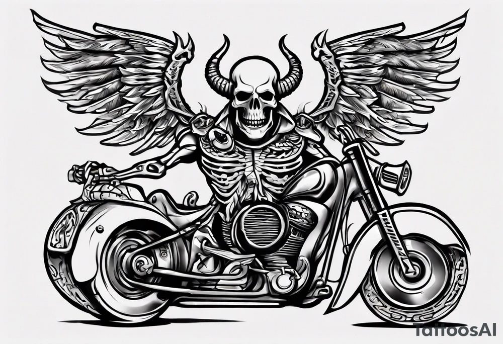 I want a tattoo of a motorcycle and a skeleton in the back with the name “Viking Customs” incorporated in the design tattoo idea