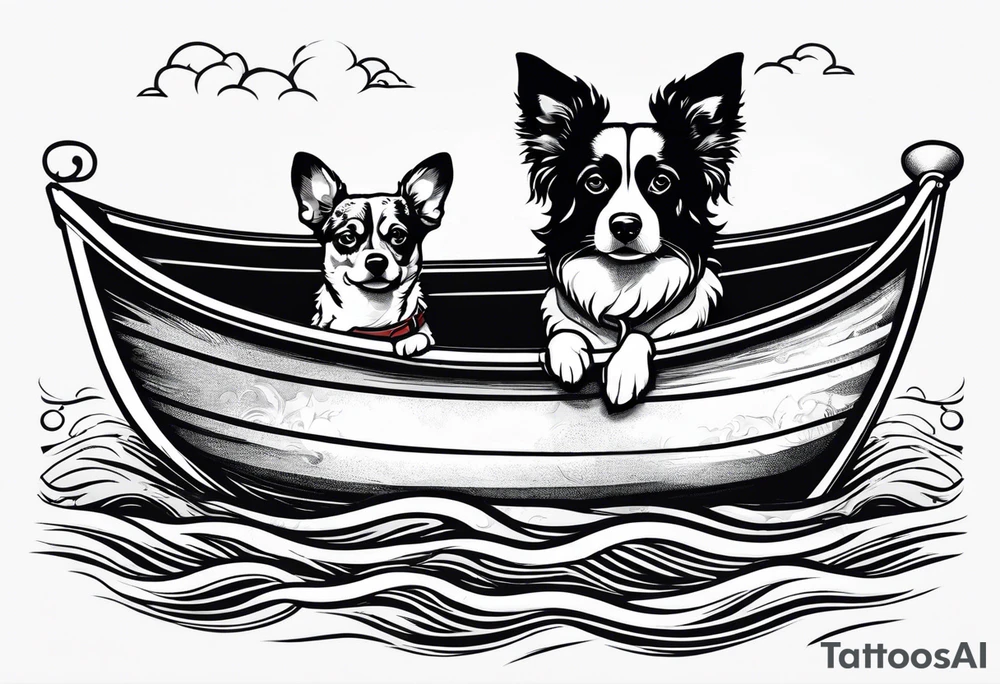 two dogs in a boat. One dog is tan with big ears like a chihuahua. The other dog is black and white and looks like an australian shepherd with floppy ears tattoo idea