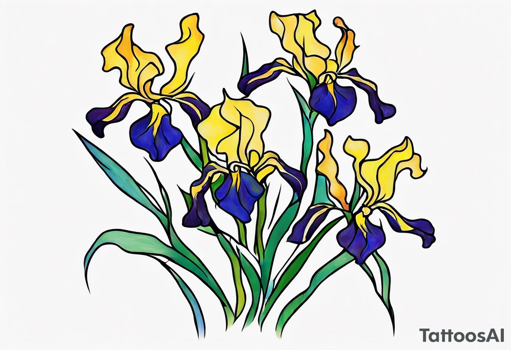 Create a small, colorful geometric Vincent van Gogh Irises tattoo. Pay attention to the graceful flow of the vines and the placement of the irises to achieve a refined and elegant look. tattoo idea