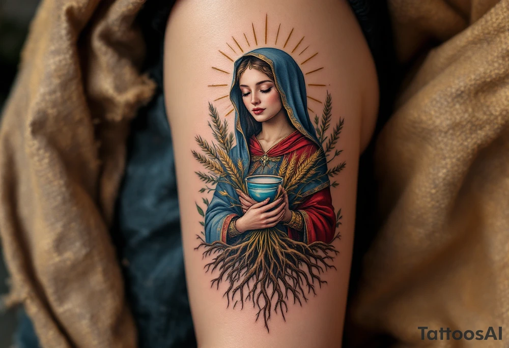 Mokosh – A richly detailed woman in Slavic robes of blue and red, holding wheat and water, framed by earthy brown tree roots and golden rays. tattoo idea
