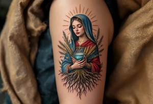 Mokosh – A richly detailed woman in Slavic robes of blue and red, holding wheat and water, framed by earthy brown tree roots and golden rays. tattoo idea