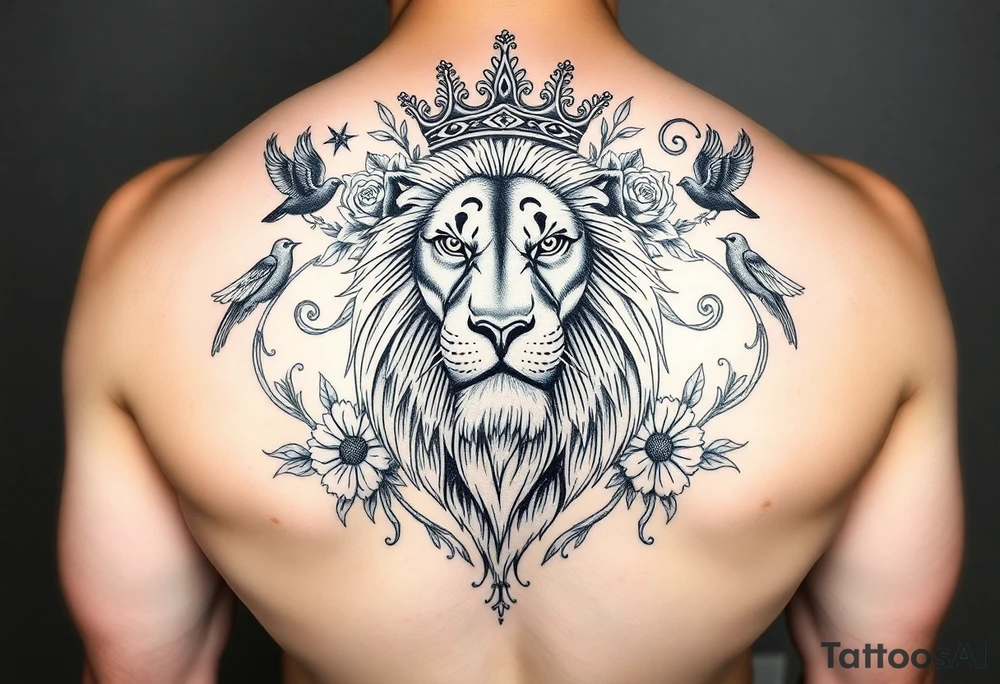 powerful majestic lion with a crown, surrounded by floral ornaments and birds tattoo idea