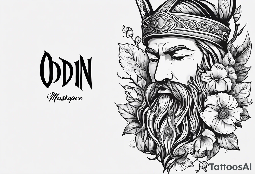 The name “odin” in script cursive with April birth flowers placed nicely through it and a dogs nose print at the end tattoo idea