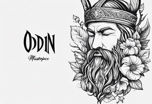 The name “odin” in script cursive with April birth flowers placed nicely through it and a dogs nose print at the end tattoo idea