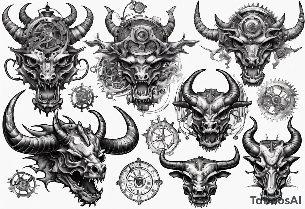 mECHANIZED DRAGON FIGHTING STEAM PUNK BULL tattoo idea