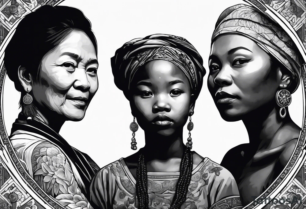 three  people side by side. a really really young black Daughter on the left, a wight mother in the middle, really really old asian grandmother on the right. greater age difference, in an artfully decorated frame tattoo idea