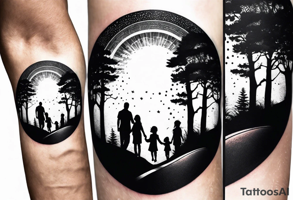 sleeve tattoo sun rays with road and dad, daughter and son silhouette tattoo idea