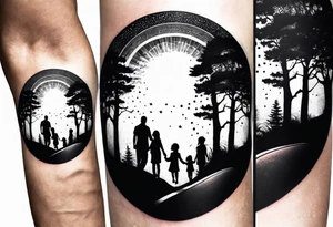 sleeve tattoo sun rays with road and dad, daughter and son silhouette tattoo idea